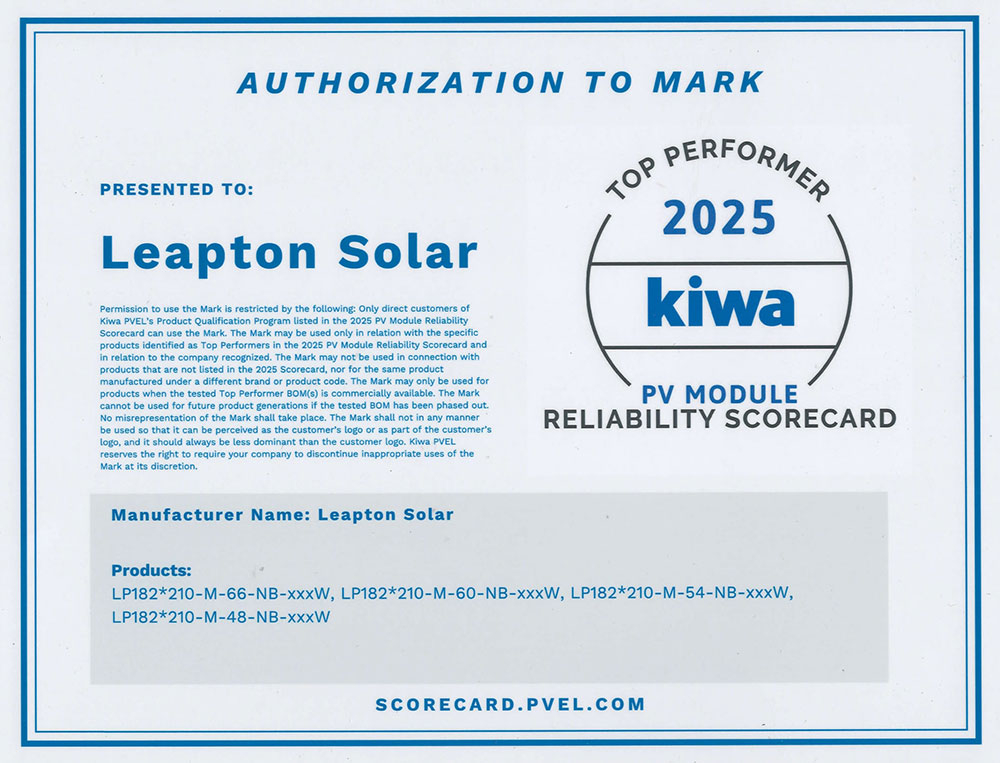 Leapton Energy é reconhecida como Top Performer no PVEL 2025